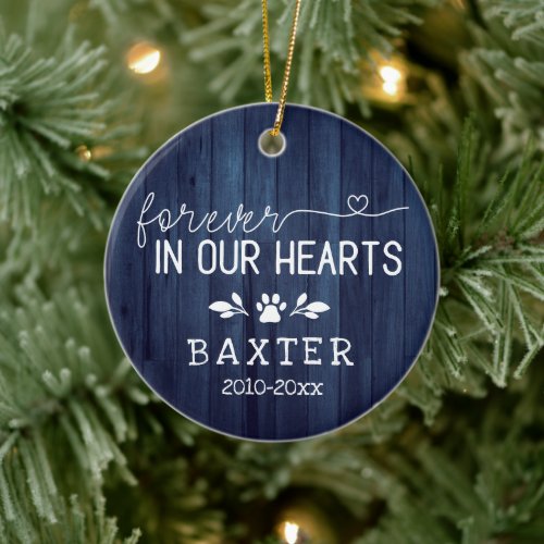 Rustic Blue Wood Forever In Our Hearts Paw Pet Ceramic Ornament