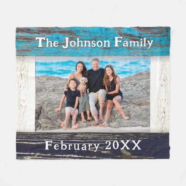 Rustic Blue Wood Frame Family Name  Fleece Blanket (Front (Horizontal))