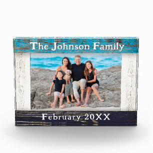 Rustic Blue Wood Frame Family Name Photo Block