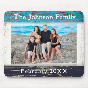 Rustic Blue Wood Frame Family Name Photo Mouse Pad