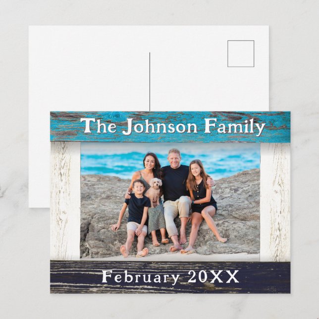 Rustic Blue Wood Frame Family Name Photo Postcard (Front/Back)