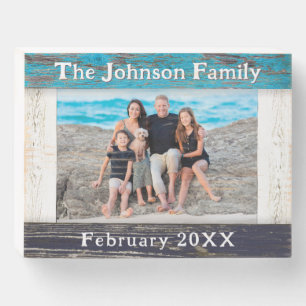 Rustic Blue Wood Frame Family Name Photo Wooden Box Sign