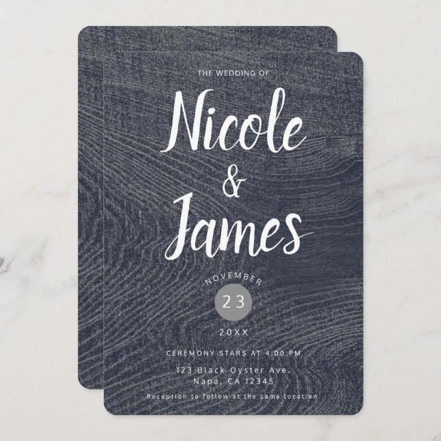 Rustic Blue Wood Grain Minimal Modern Barn Wedding Invitation (Front/Back)