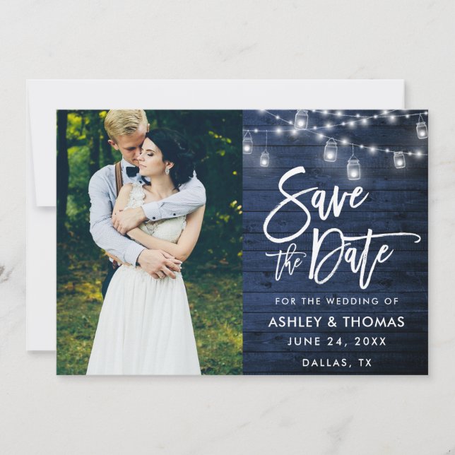 Rustic Blue Wood Jar Lights Brush Script Photo Save The Date (Front)