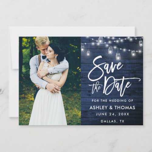 Rustic Blue Wood Jar Lights Brush Script Photo Save The Date