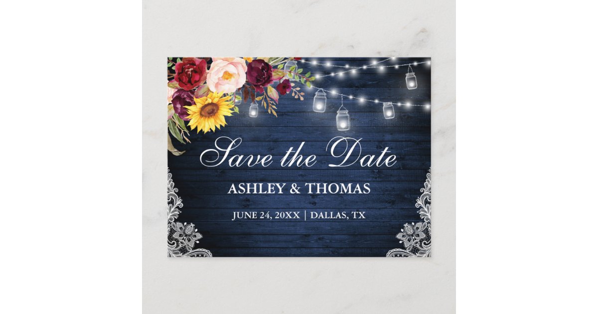 Rustic Blue Wood Jar Lights Lace Floral Announcement Postcard | Zazzle