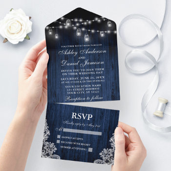 Rustic Blue Wood Jar Lights Lace Wedding All In One Invitation by SugarandSpicePaperCo at Zazzle