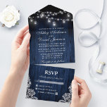 Rustic Blue Wood Jar Lights Lace Wedding All In One Invitation at Zazzle