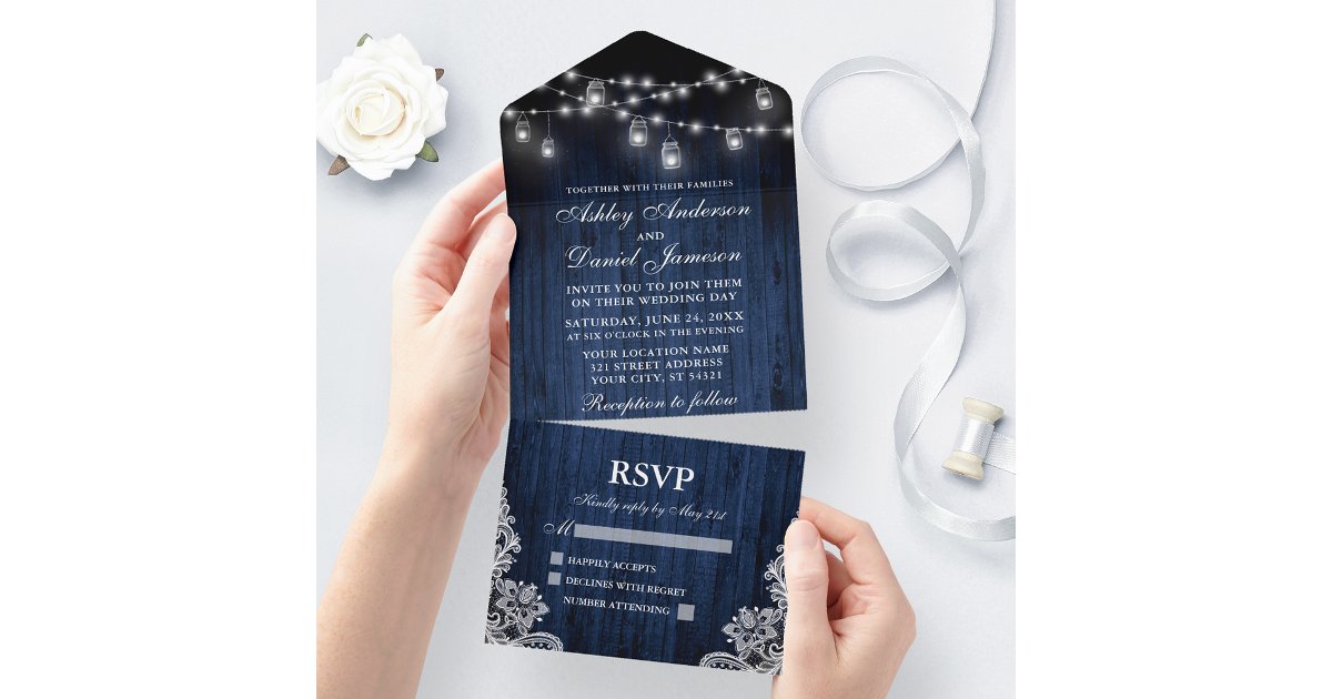 Rustic Blue Wood Jar Lights Lace Wedding All In One Invitation | Zazzle
