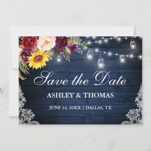 Rustic Blue Wood Jar Lights Mixed Floral Lace Save The Date