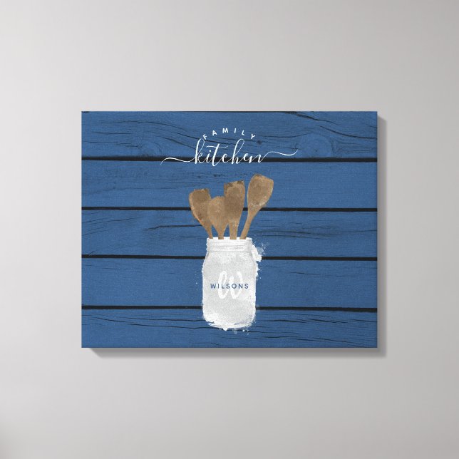 Rustic Blue Wood Jar Spoon Family Kitchen Decor (Front)