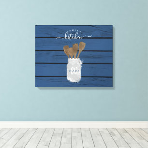 Rustic Blue Wood Jar Spoon Family Kitchen Decor