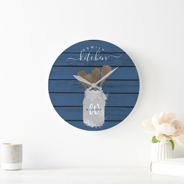 Rustic Blue Wood Jar Spoon Family Kitchen Decor Large Clock (Home)