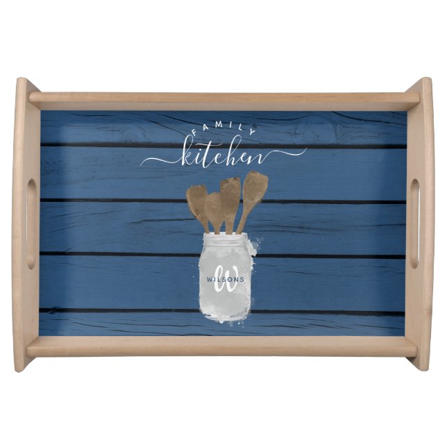 Rustic Blue Wood Jar Spoon Family Kitchen Decor Serving Tray (Front)