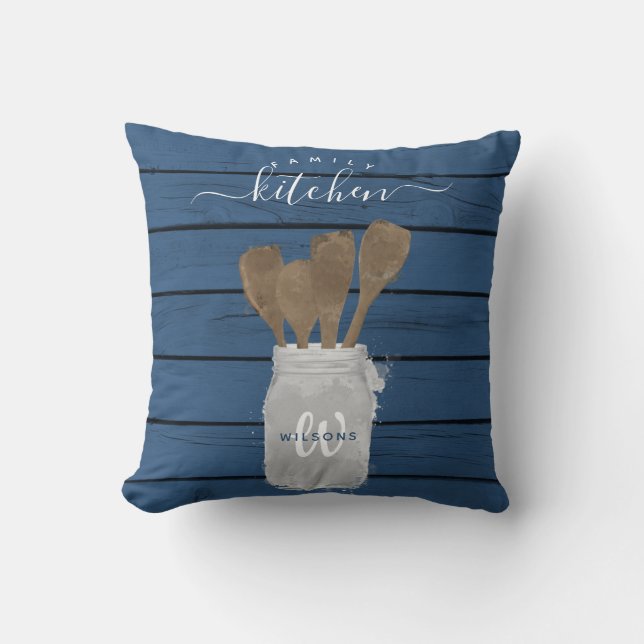 Rustic Blue Wood Jar Spoon Family Kitchen Decor  Throw Pillow (Front)