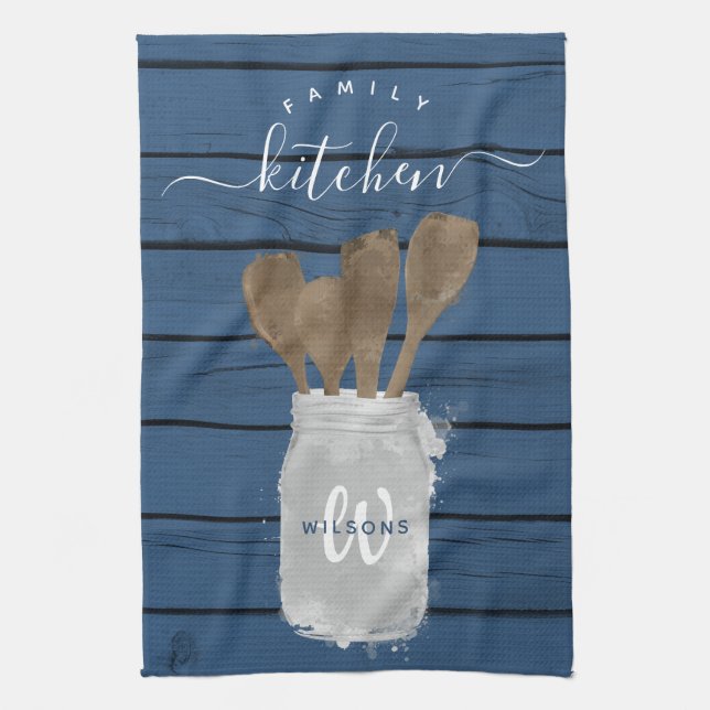 Rustic Blue Wood Jar Spoon Family Kitchen Towel (Vertical)