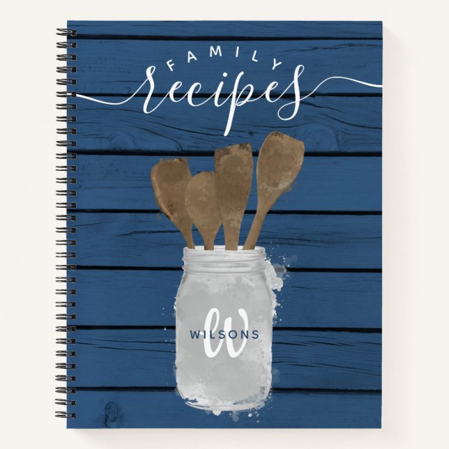Rustic Blue Wood Jar Spoon Family Recipe Cookbook Notebook (Front)