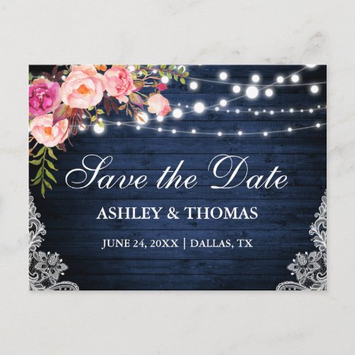 Rustic Blue Wood Lace Pink Floral Save the Date Announcement Postcard