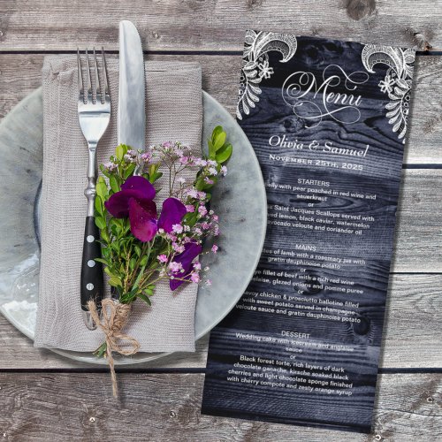 Rustic Blue Wood Lace Wedding Menu