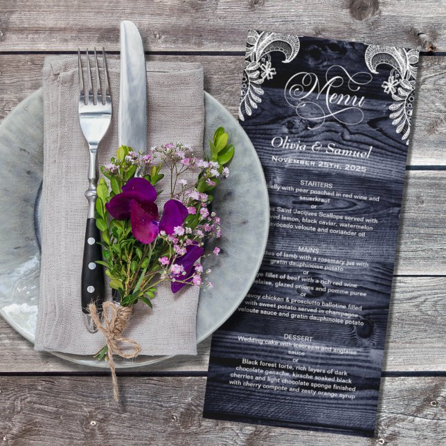 Rustic Blue Wood Lace Wedding Menu (Creator Uploaded)