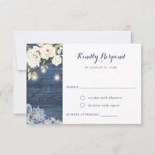 Rustic Blue Wood Lace White Floral Mason Jar RSVP Invitation