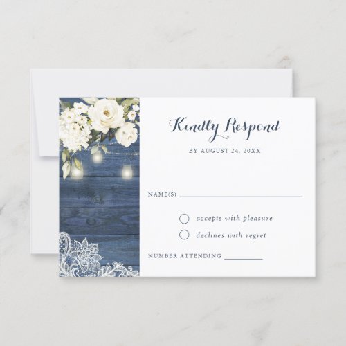 Rustic Blue Wood Lace White Floral Mason Jar RSVP Invitation