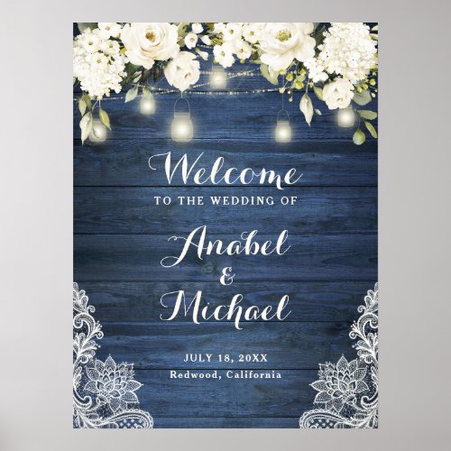 Rustic Blue Wood Lace White Flower Welcome Sign
