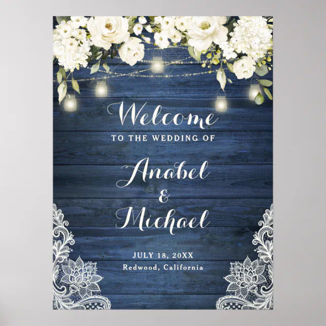 Rustic Blue Wood Lace White Flower Welcome Sign | Zazzle