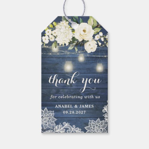 Rustic Blue Wood Lace White Flowers Mason Jar Gift Tags