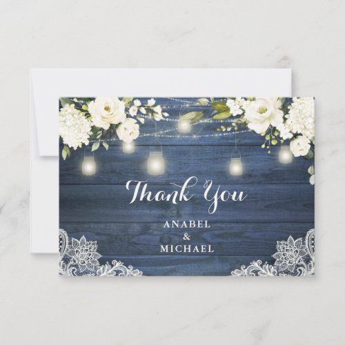 Rustic Blue Wood Lace White Flowers Wedding Thank You Card