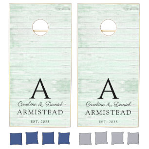 Rustic Blue Wood Lake Wedding Monogram Couple  Cornhole Set