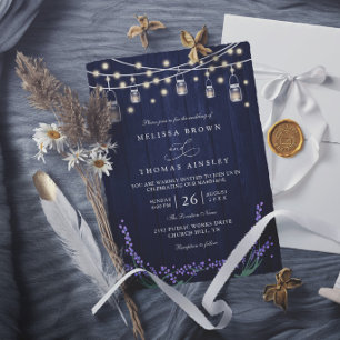 Rustic Blue Wood Lavender Elegant Modern Wedding Invitation