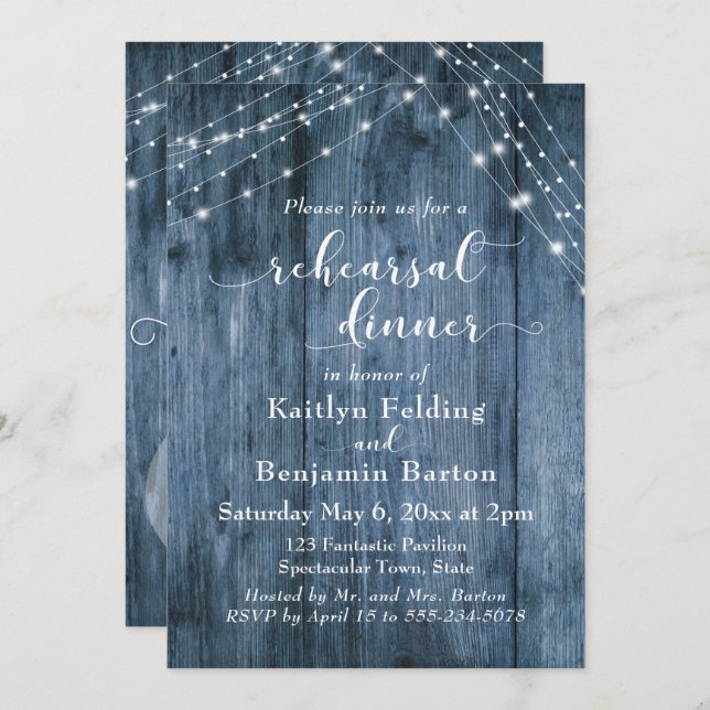 Rustic Blue Wood & Light Strings Rehearsal Dinner Invitation (Front/Back)