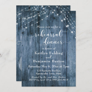 Rustic Blue Wood & Light Strings Rehearsal Dinner Invitation