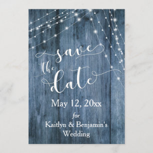 Rustic Blue Wood, Light Strings Save the Date