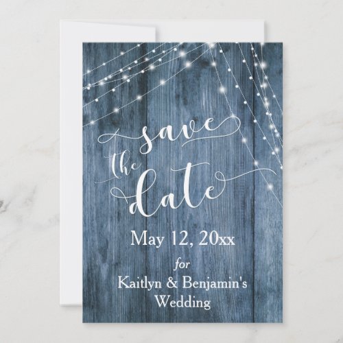 Rustic Blue Wood Light Strings Save the Date