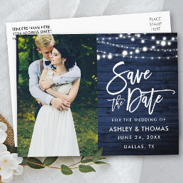 Rustic Blue Wood Lights Brush Script Save The Date Postcard