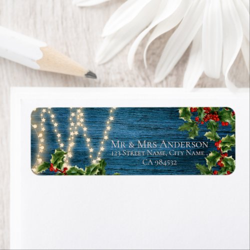 Rustic Blue Wood Lights Christmas Wedding Address  Label