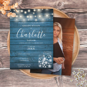 Rustic Blue Wood Lights Graduation Party Photo Invitation