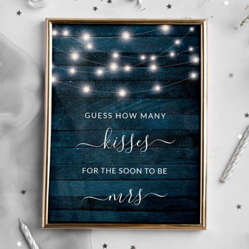 Rustic Blue Wood Lights How Many Kisses Game Poster