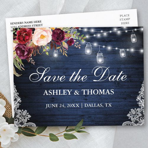 Rustic Blue Wood Lights Jars Floral Save the Date Announcement Postcard
