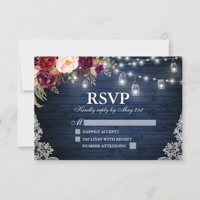 Rustic Blue Wood Lights Jars Floral Wedding RSVP Card (Front)