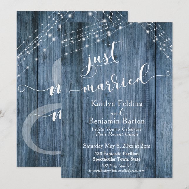 Rustic Blue Wood & Lights Just Married Event Invitation (Front/Back)