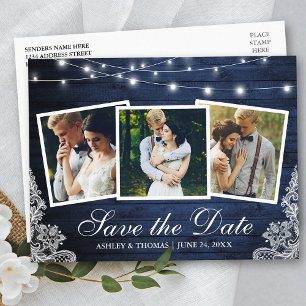Rustic Blue Wood Lights Lace 3 Photo Save The Date Invitation Postcard