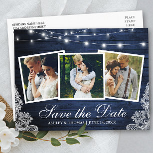 Rustic Blue Wood Lights Lace 3 Photo Save The Date Invitation Postcard