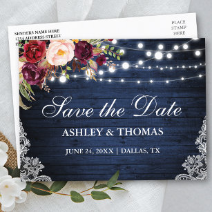Rustic Blue Wood Lights Lace Floral Save the Date Announcement Postcard