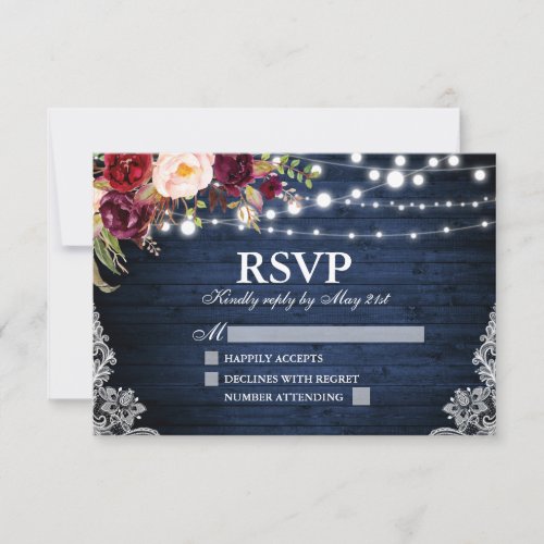 Rustic Blue Wood Lights Lace Floral Wedding RSVP Card