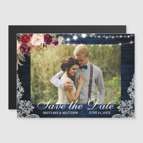 Rustic Blue Wood Lights Lace Photo Save the Date Magnetic Invitation