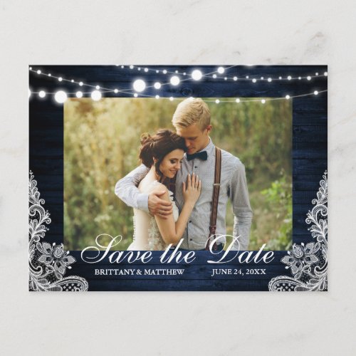 Rustic Blue Wood Lights Lace Photo Save the Date Postcard