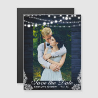 Rustic Blue Wood Lights Lace Save the Date